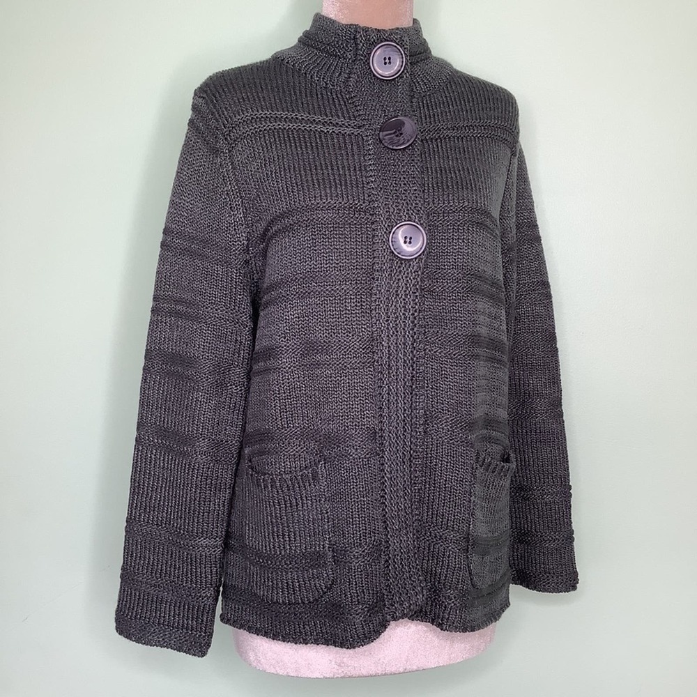 LH Sport Oversized Snap Button Cable Knit Sweater Cardigan Mock Neck Gunmetal